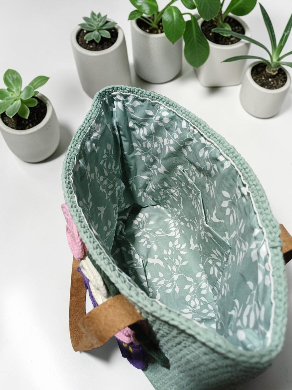 Handmade Almond Green Macrame Tote Bag – 3D Violet Flowers & Faux Leather Handles