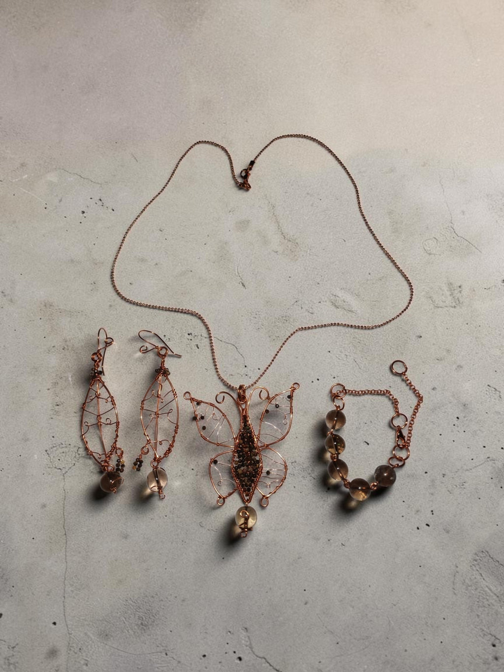 Copper Wire Butterfly Jewelry Set – Smoky Quartz & Agate
