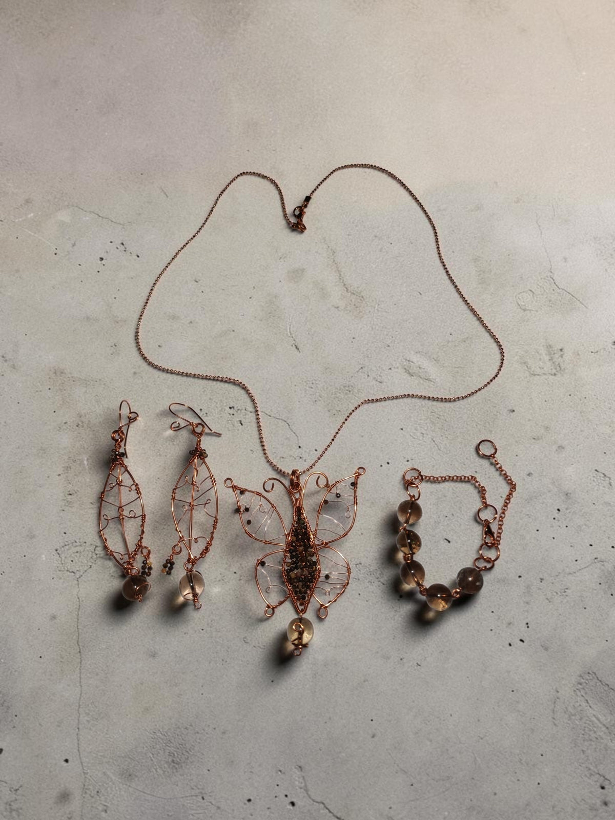 Copper Wire Butterfly Jewelry Set – Smoky Quartz & Agate