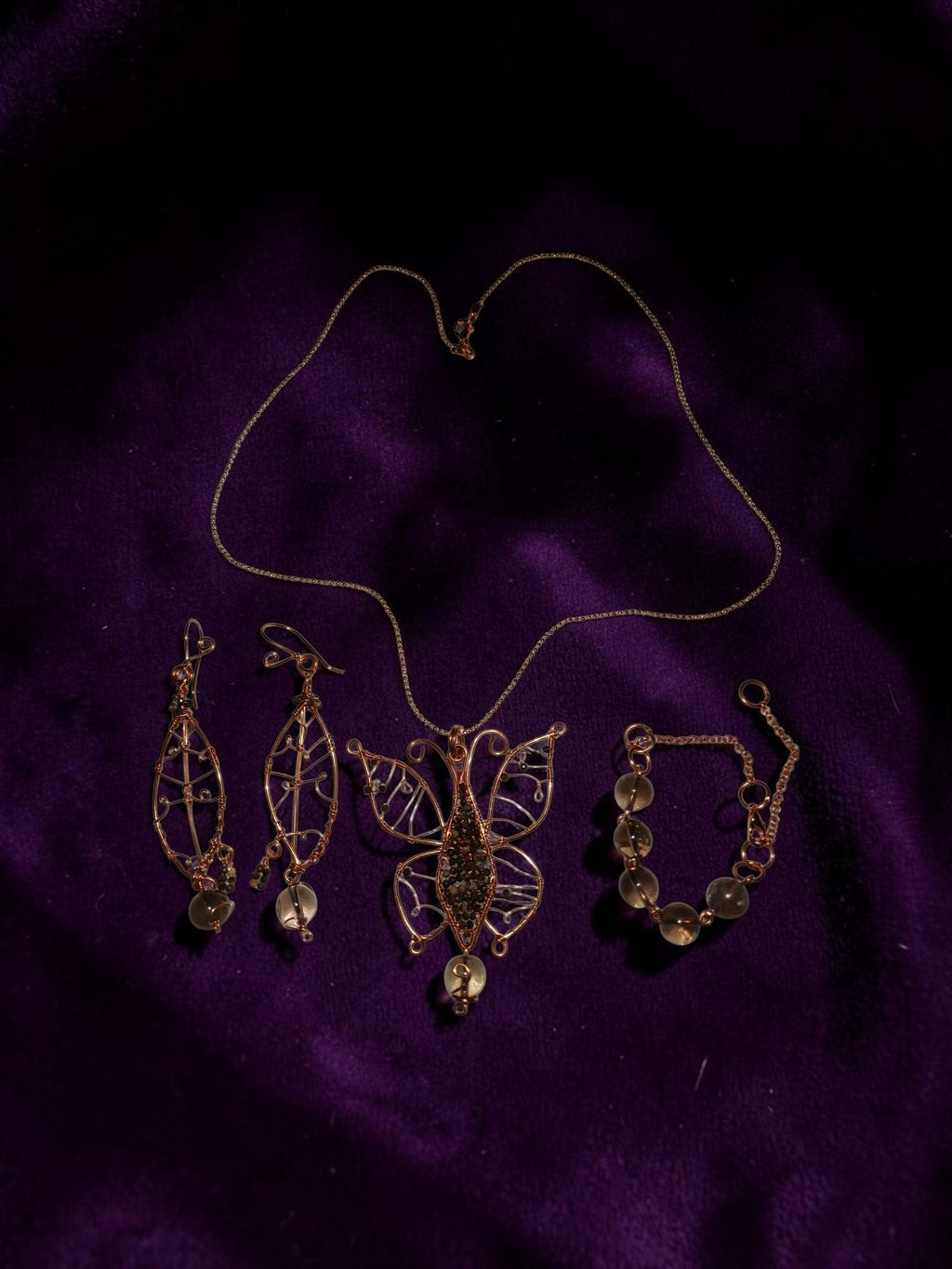 Copper Wire Butterfly Jewelry Set – Smoky Quartz & Agate
