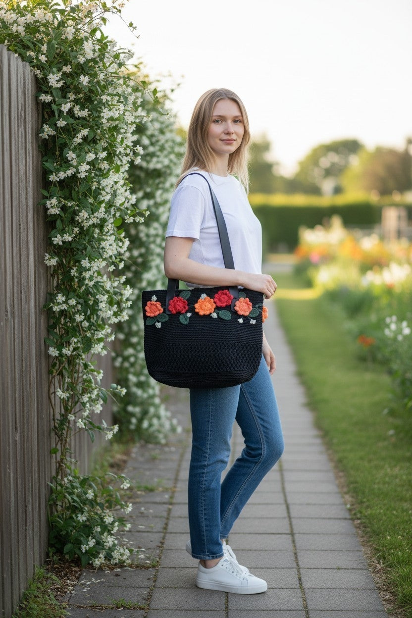 Handmade Black Floral Crochet Tote Bag – Colorful Flower Motifs, Faux Leather Handles, Lined Interior