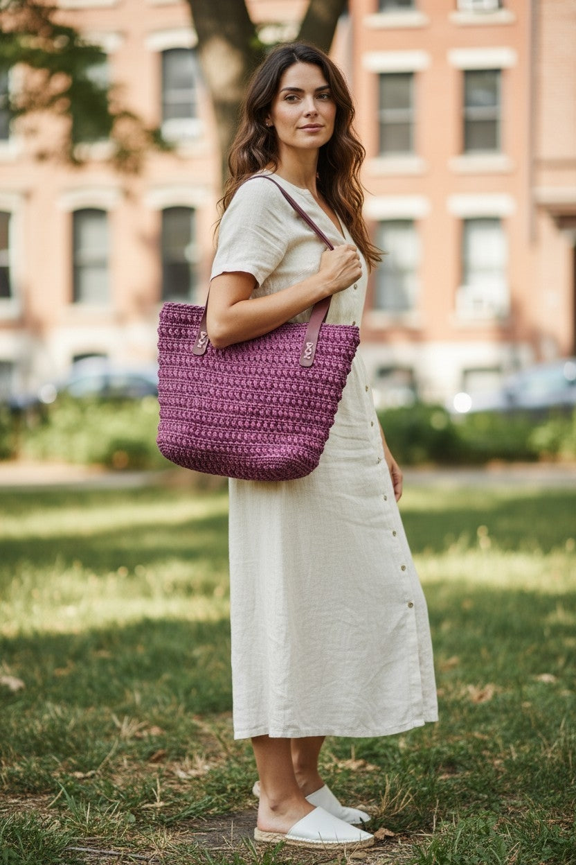 Handmade Plum Paper Yarn Tote Bag – Faux Leather Handles, Lined Interior