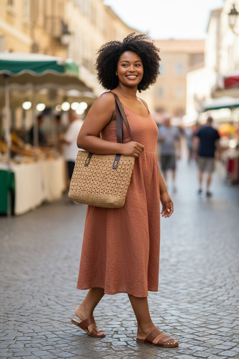 Handmade Natural Paper Yarn Tote Bag – Wheat Stitch Crochet, Faux Leather Handles, Lined Interior