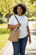 Handmade Natural Paper Yarn Tote Bag – Woven Crochet Pattern, Faux Leather Handles, Lined Interior