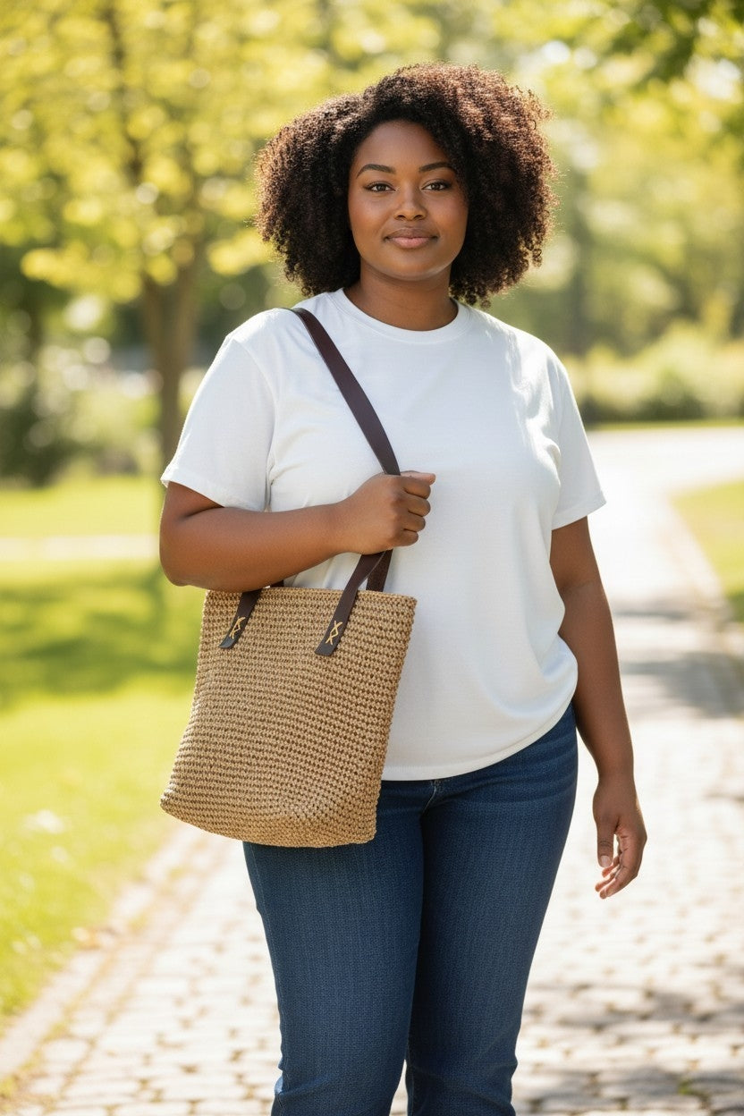 Handmade Natural Paper Yarn Tote Bag – Woven Crochet Pattern, Faux Leather Handles, Lined Interior