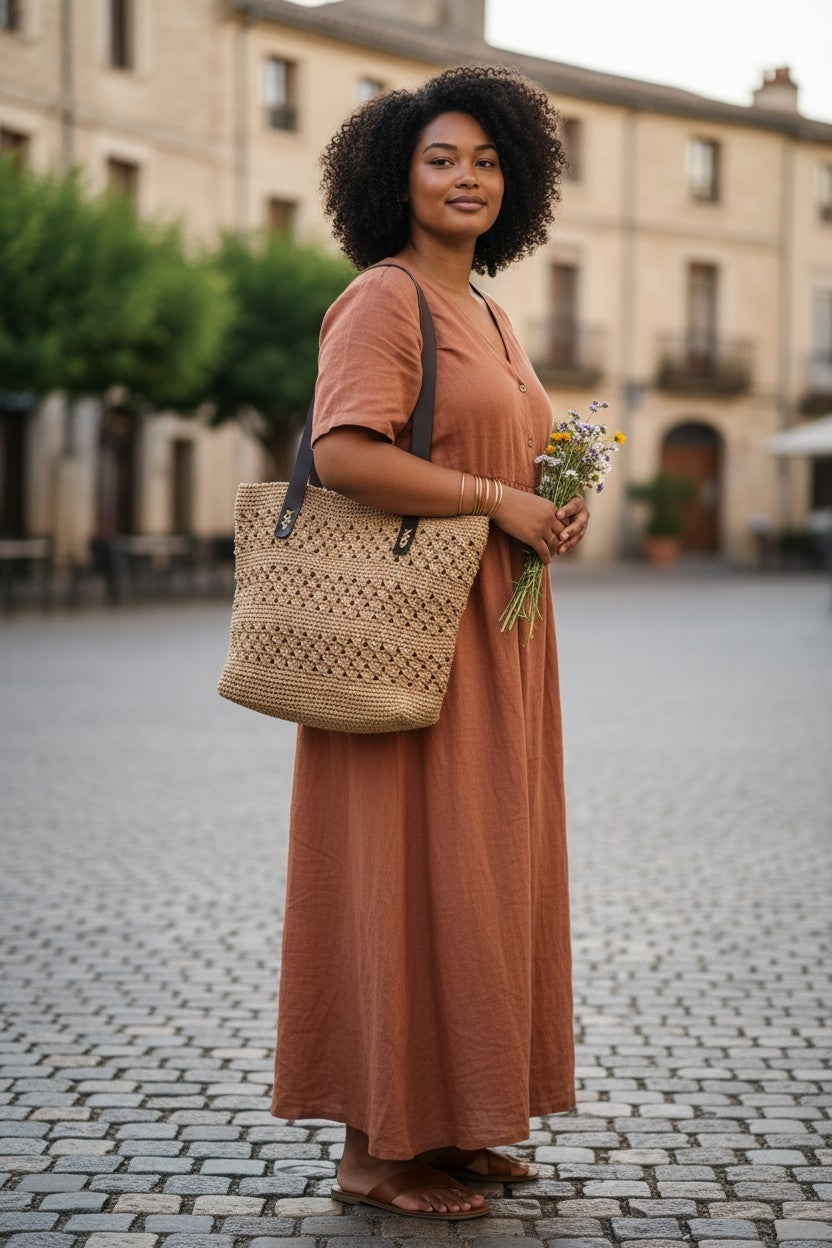 Handmade Natural Paper Yarn Tote Bag – Textured Crochet Design, Faux Leather Handles, Lined Interior