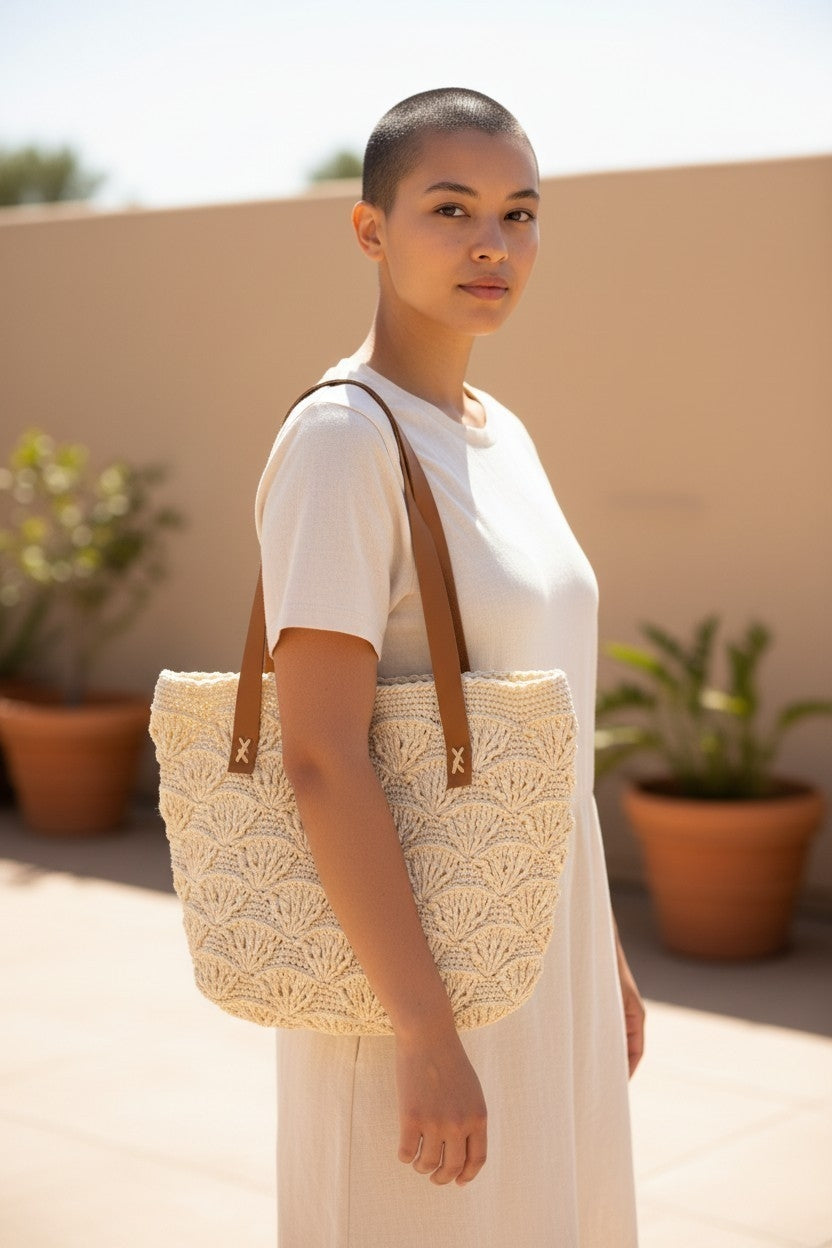 Handmade Cream Paper Yarn Tote Bag – Shell Stitch Crochet, Faux Leather Handles, Lined Interior