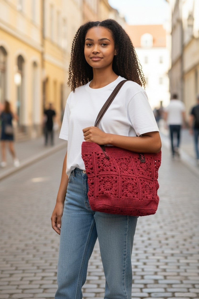 Handmade Red Paper Yarn Tote Bag – Crochet Motif Design, Faux Leather Handles, Lined Interior