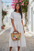 Handmade Peach Paper Yarn Handbag – Ribbon Floral Embroidery & Wooden Handles