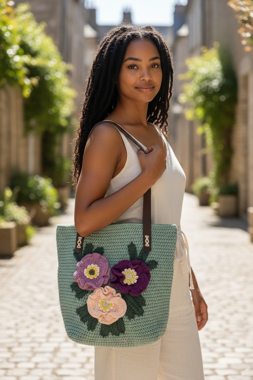 Handmade Almond Green Macrame Tote Bag – 3D Crochet Floral Appliqués, Faux Leather Handles, Lined Interior