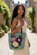 Handmade Almond Green Macrame Tote Bag – 3D Crochet Floral Appliqués, Faux Leather Handles, Lined Interior
