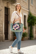 Handmade Almond Green Macrame Tote Bag – 3D Violet Flowers & Faux Leather Handles
