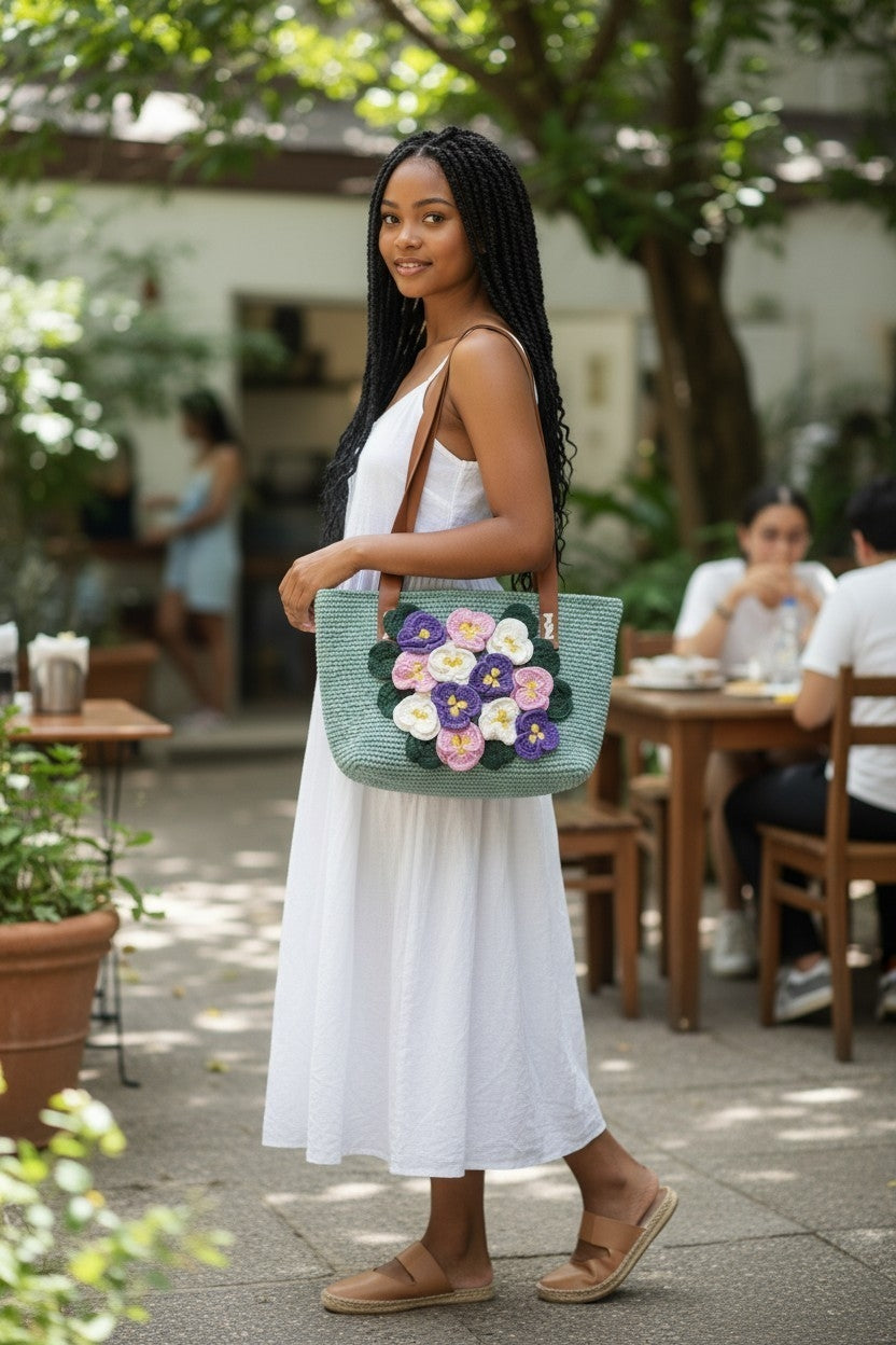 Handmade Almond Green Macrame Tote Bag – 3D Violet Flowers & Faux Leather Handles