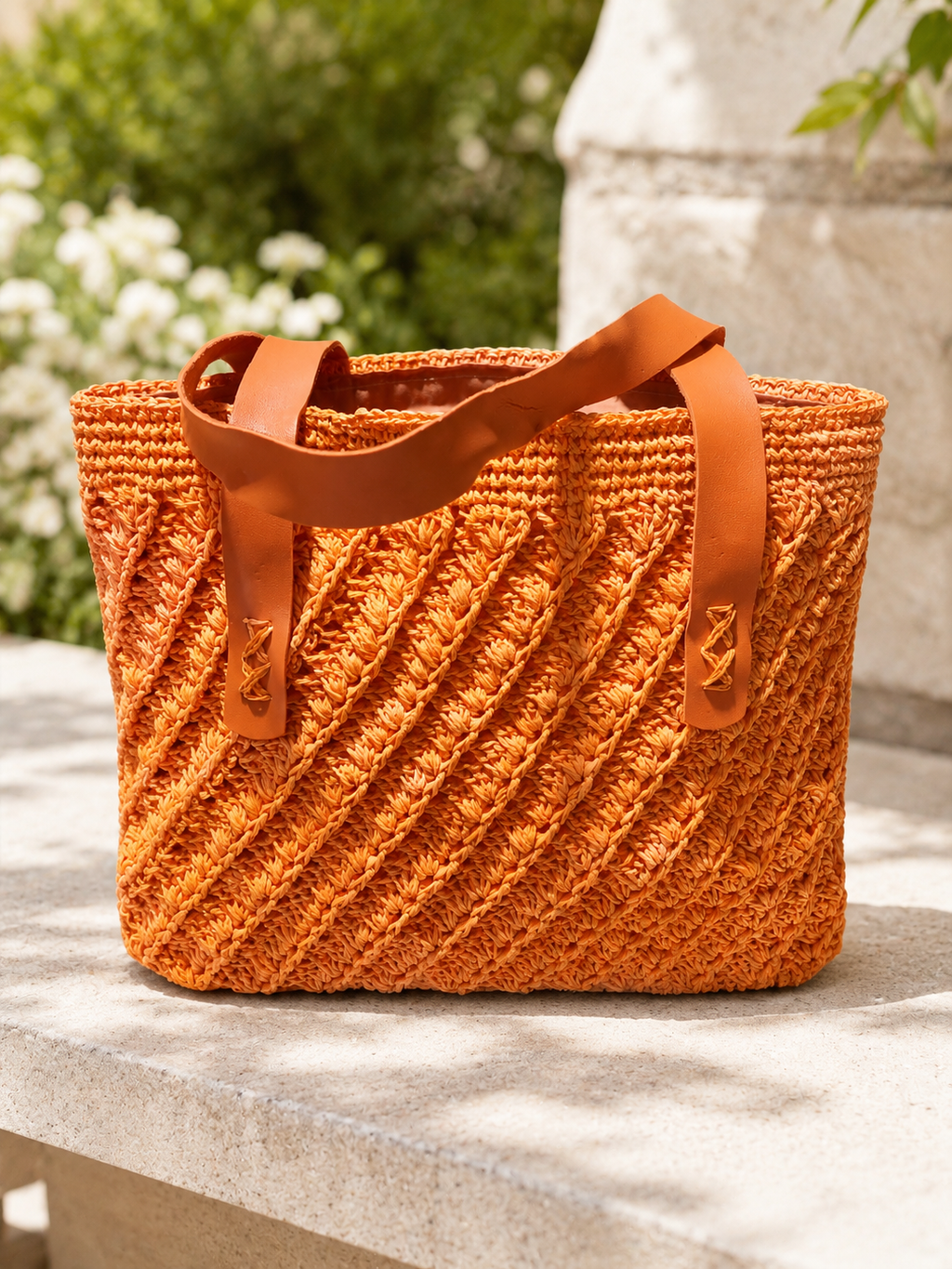 Handmade Orange Paper Yarn Tote Bag – Textured Crochet Design, Faux Leather Handles, Lined Interior