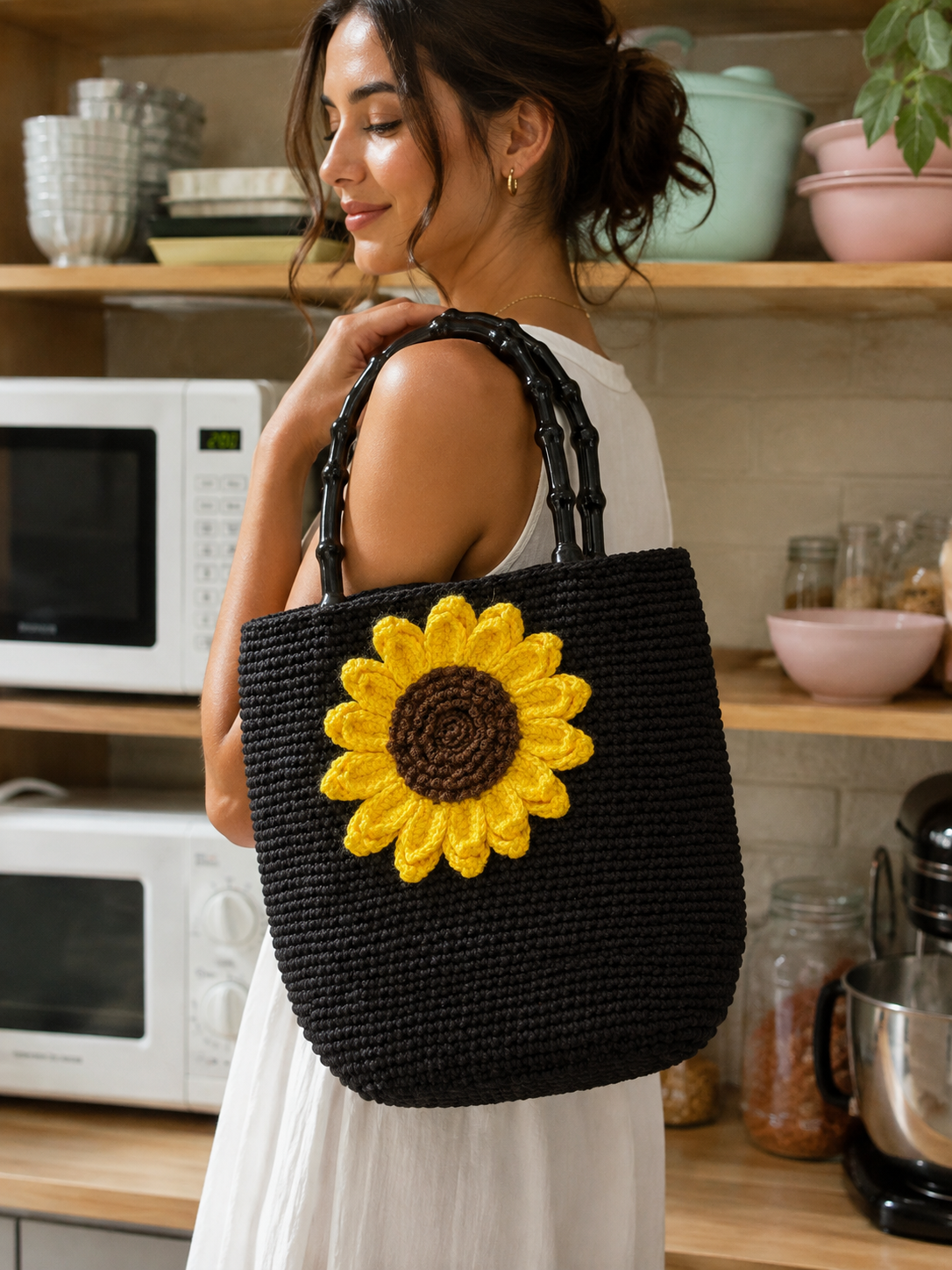 Handmade Crochet Sunflower Bag – Black Cotton Macrame Yarn, Floral Motif Handbag