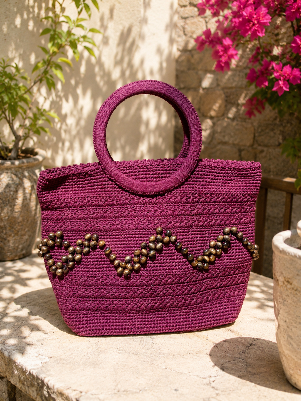 Handmade Plum Macrame Tote Bag – Wooden Bead Embroidery & Yarn-Wrapped Wooden Handles