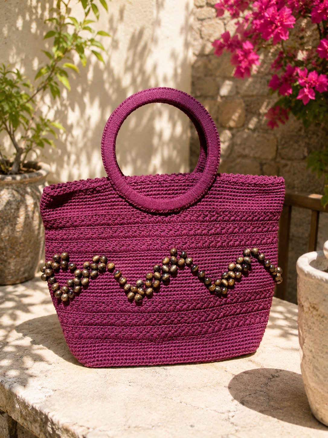 Handmade Plum Macrame Tote Bag – Wooden Bead Embroidery & Yarn-Wrapped Wooden Handles