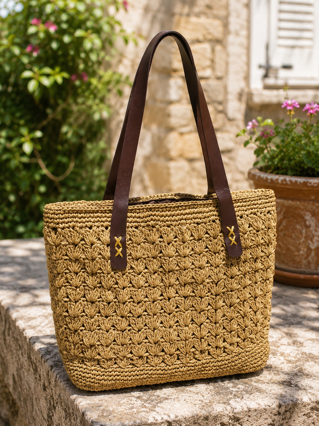 Handmade Natural Paper Yarn Tote Bag – Wheat Stitch Crochet, Faux Leather Handles, Lined Interior