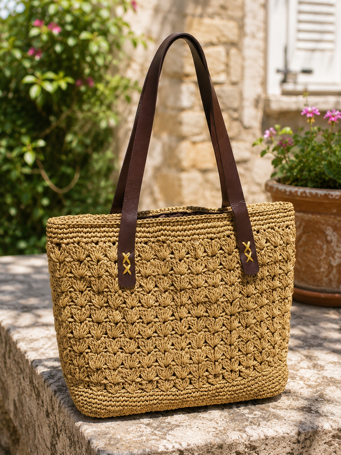 Handmade Natural Paper Yarn Tote Bag – Wheat Stitch Crochet, Faux Leather Handles, Lined Interior