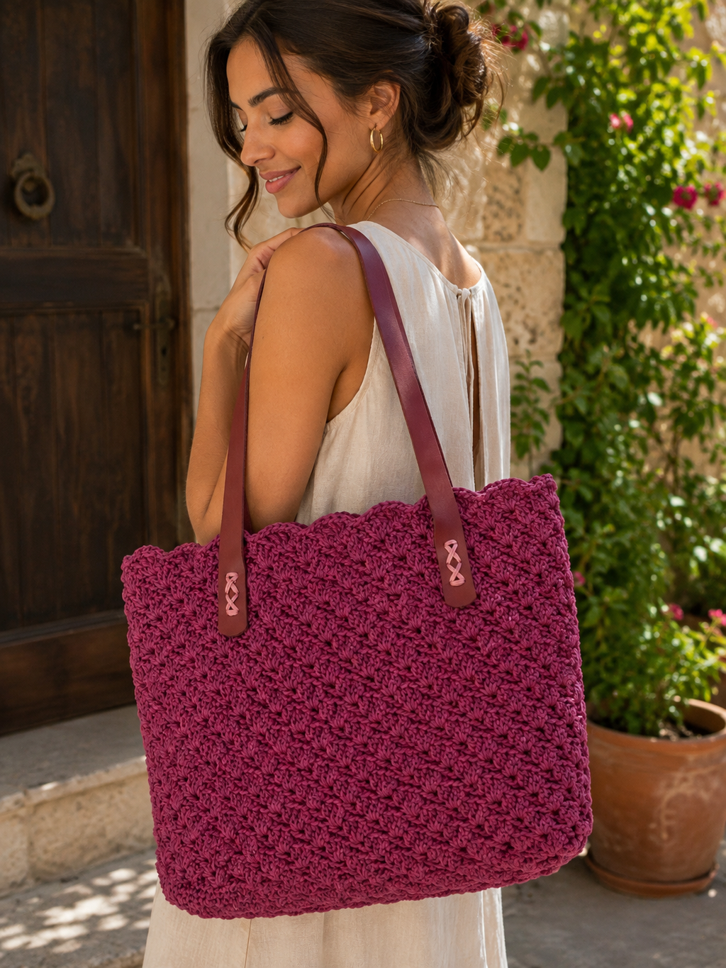 Handmade Plum Paper Yarn Tote Bag – Faux Leather Handles, Lined Interior