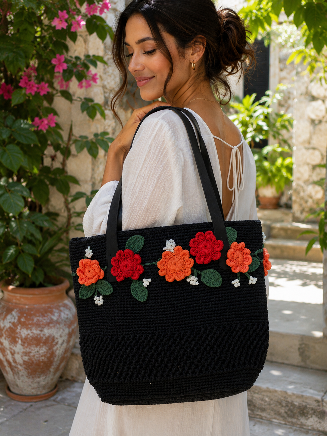 Handmade Black Floral Crochet Tote Bag – Colorful Flower Motifs, Faux Leather Handles, Lined Interior