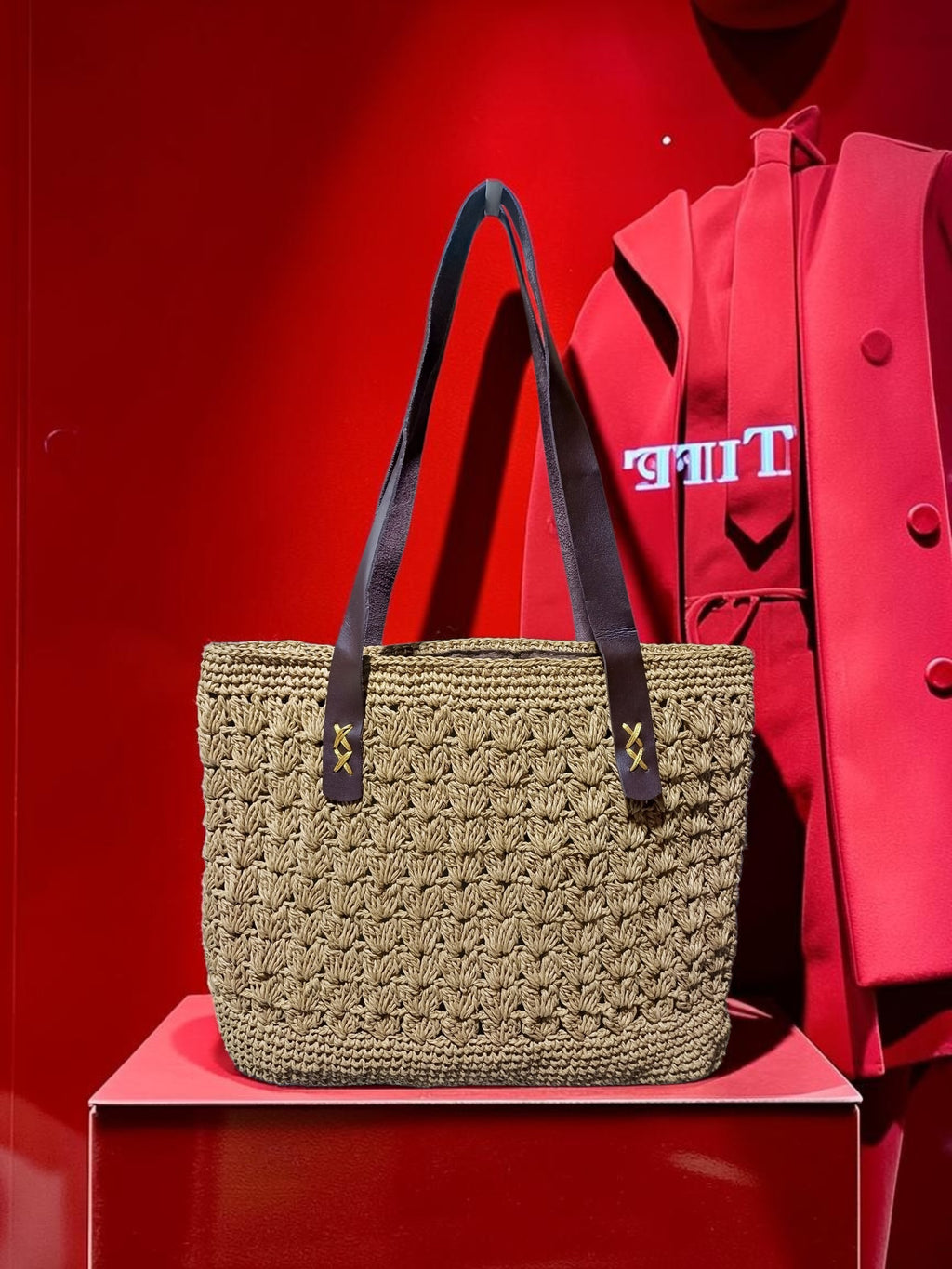 Handmade Natural Paper Yarn Tote Bag – Wheat Stitch Crochet, Faux Leather Handles, Lined Interior