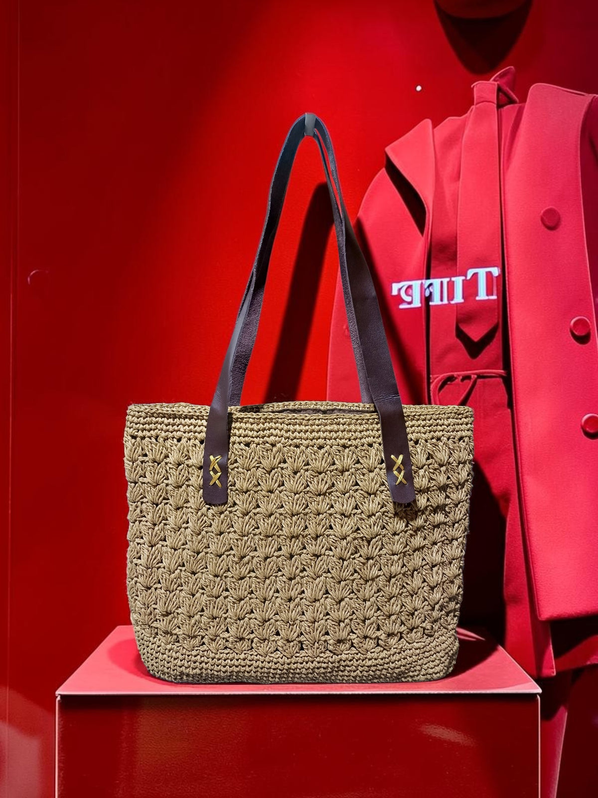Handmade Natural Paper Yarn Tote Bag – Wheat Stitch Crochet, Faux Leather Handles, Lined Interior